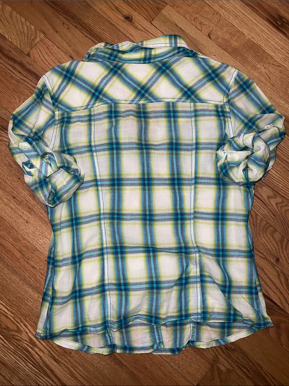 Arizona Jean Company Teal & Lime Plaid Button-Up Shirt Size Large - Picture 5 of 6